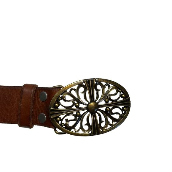 Million Wishes Brown Leather Gold-tone Ornate Detachable Buckle Belt Size L(42”) - Picture 7 of 16